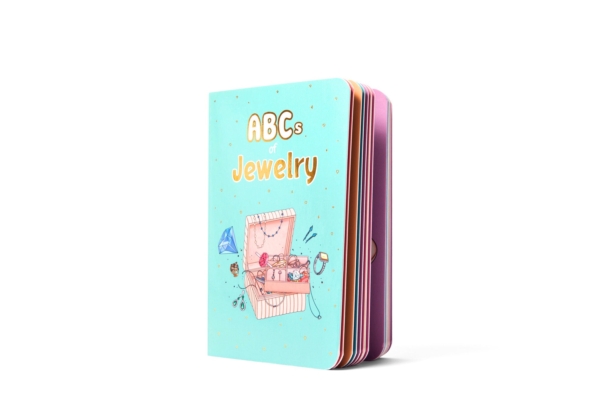 Luxury children's alphabet book cover featuring jewelry-themed illustrations.