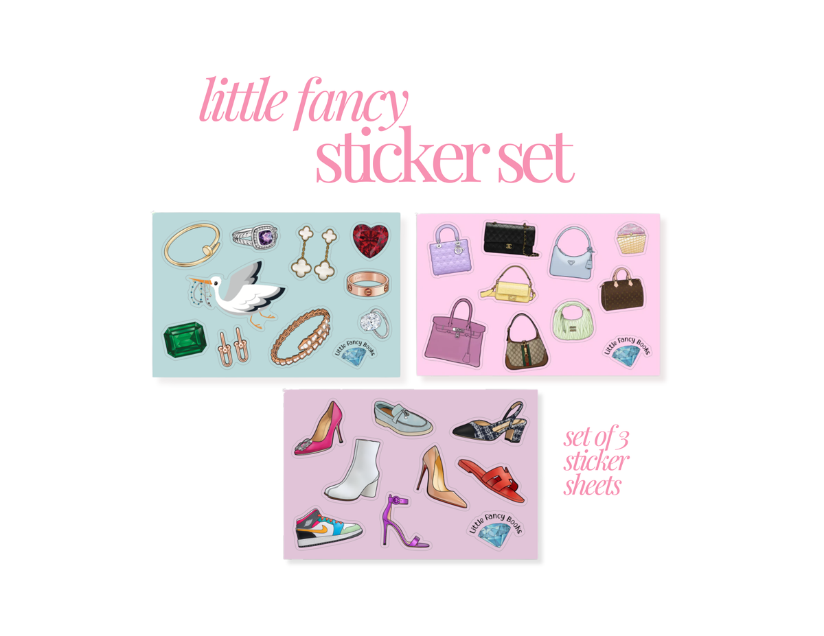 Little Fancy sticker set of three sheets featuring jewelry, handbags and shoes