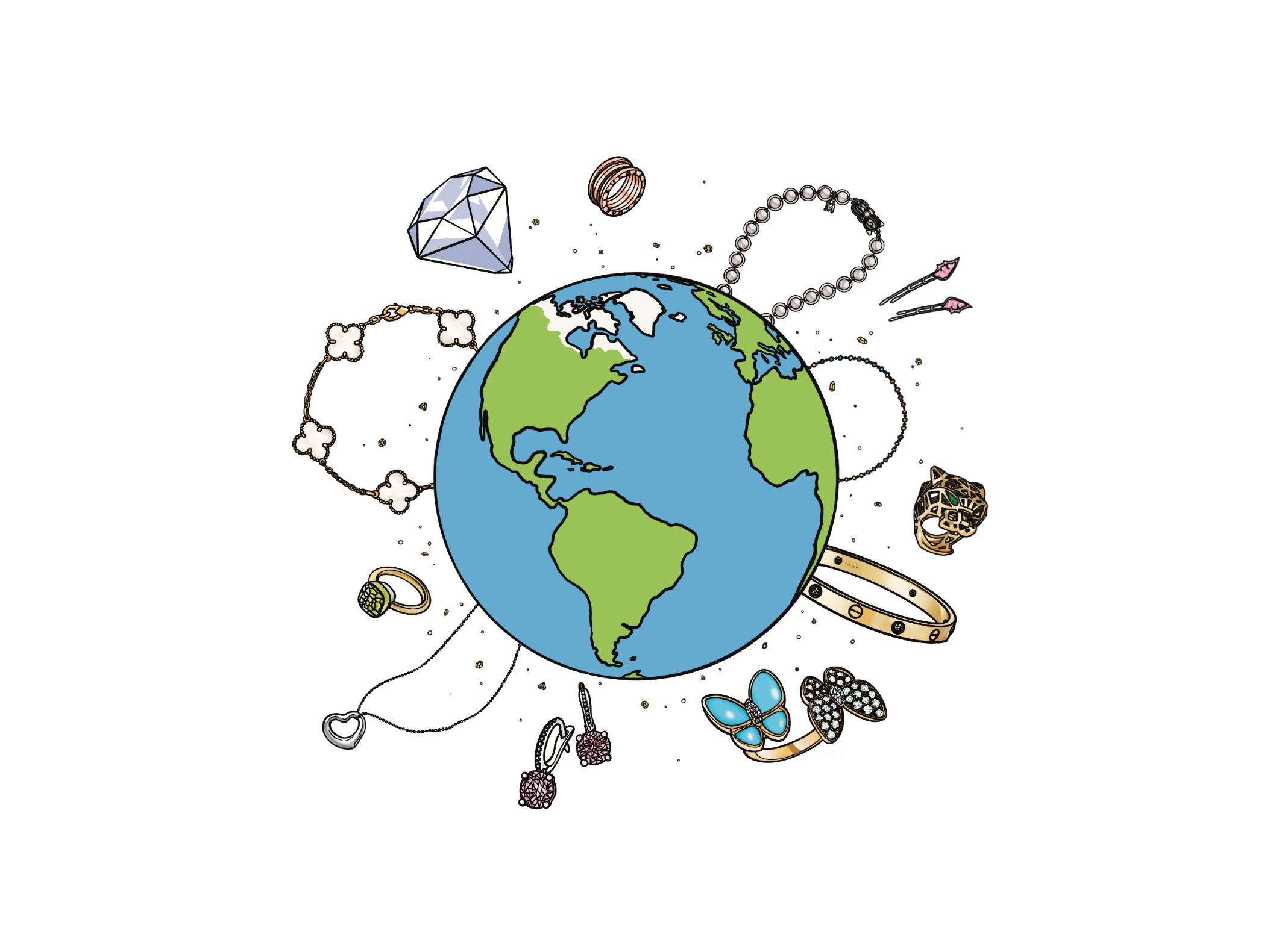 Illustration of the Earth surrounded by various luxury jewels from Cartier, Bulgari, Van Cleef & Arpels, Mikimoto, Pomellato, De Beers and Tiffany & Co representing iconic global jewelry designs.