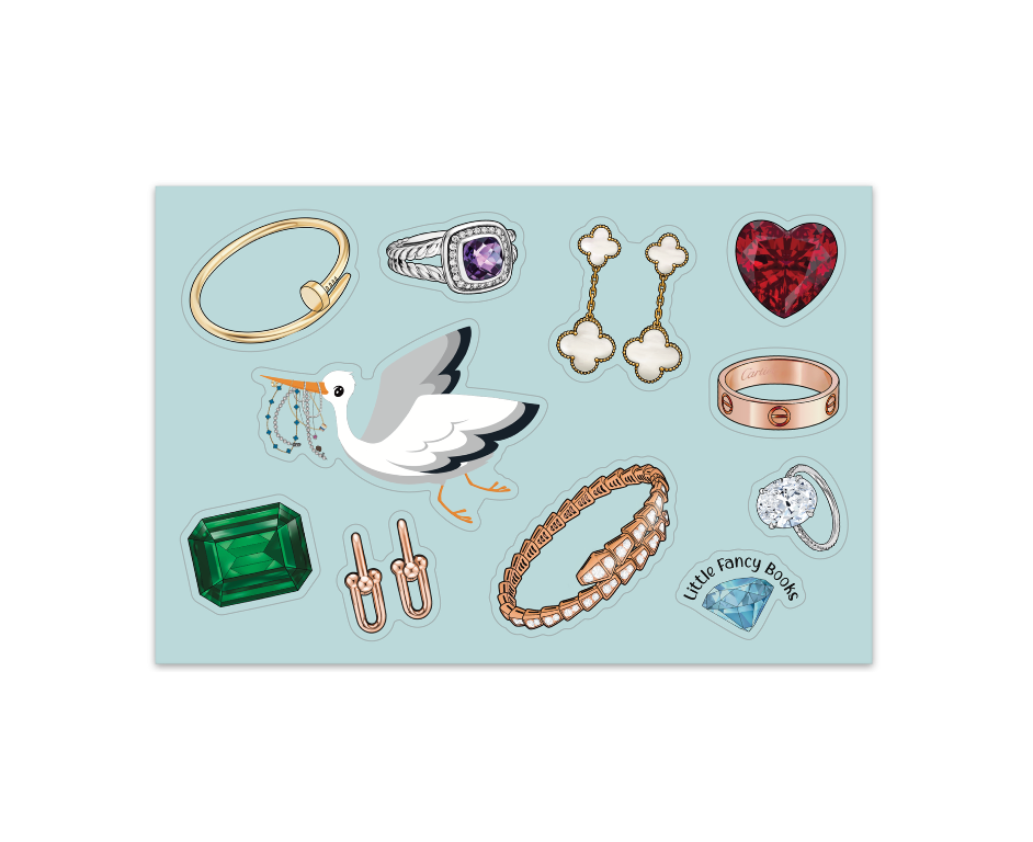 Sheet of glossy stickers illustrating luxury jewelry and gemstones, including rings, bracelets and an emerald, on a pale blue background
