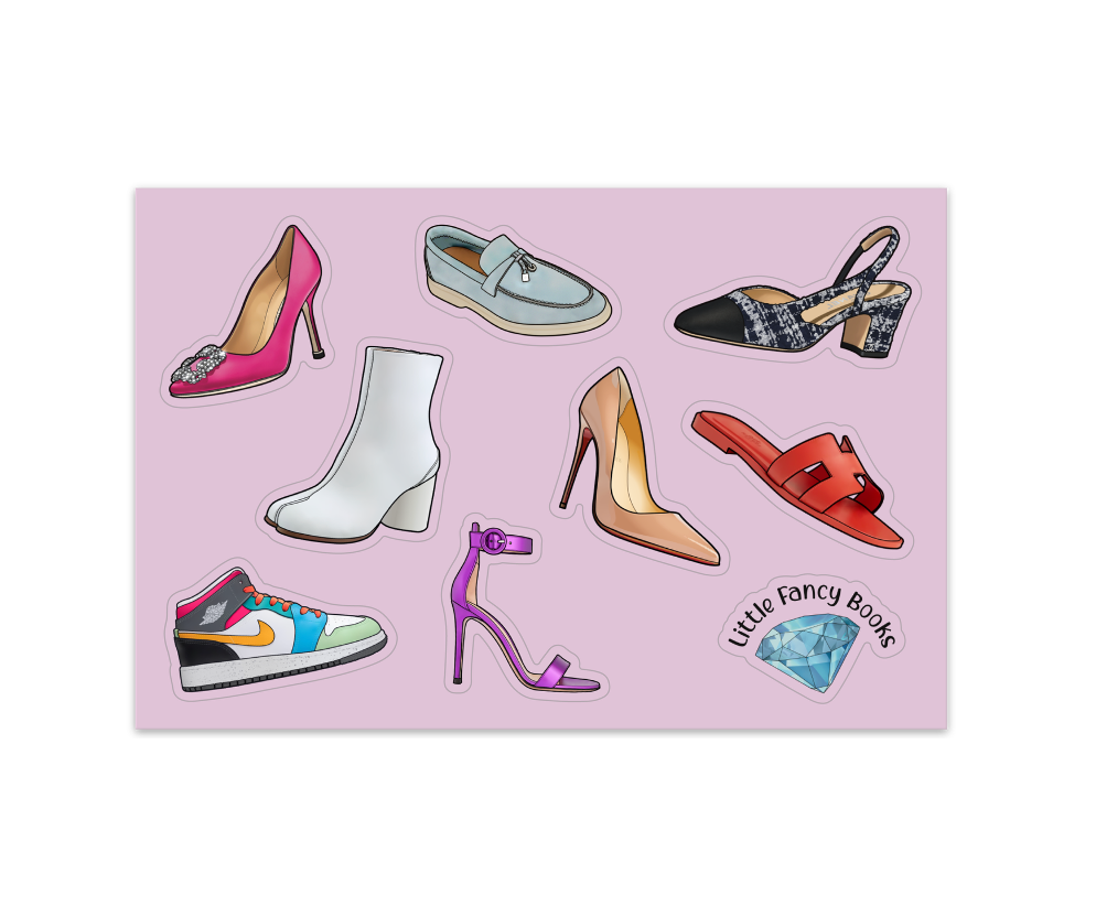 Sheet of glossy stickers illustrating iconic designer shoes, from heels to sneakers, on a lilac background