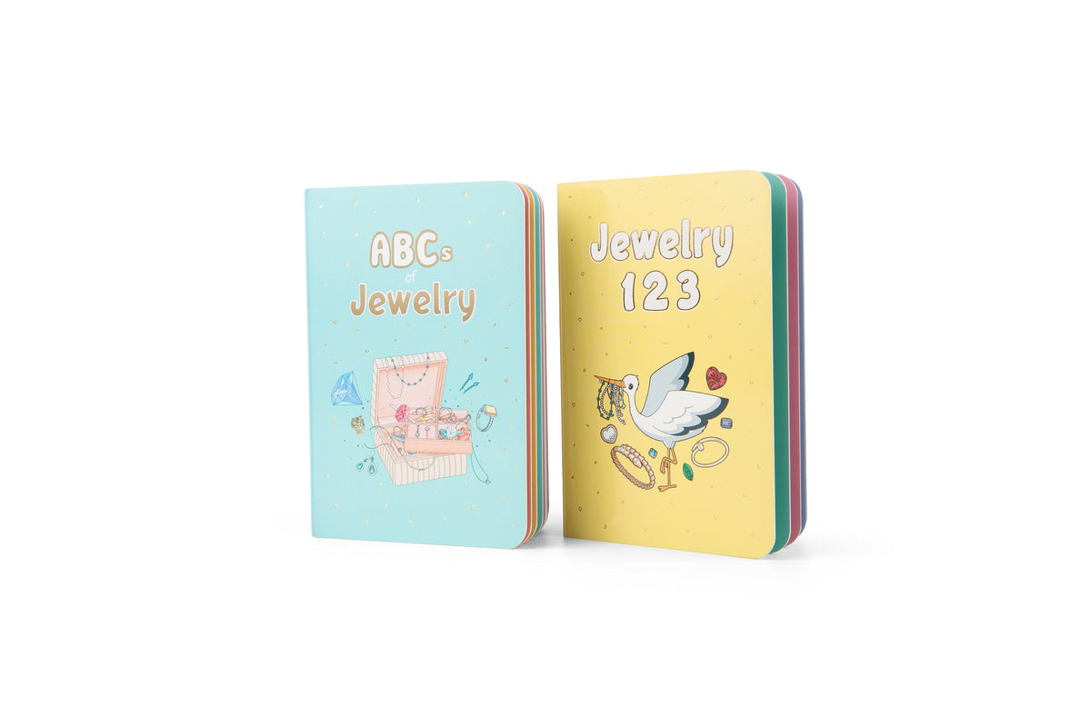 Jewelry 1 2 3 and ABCs of Jewelry board books standing side by side